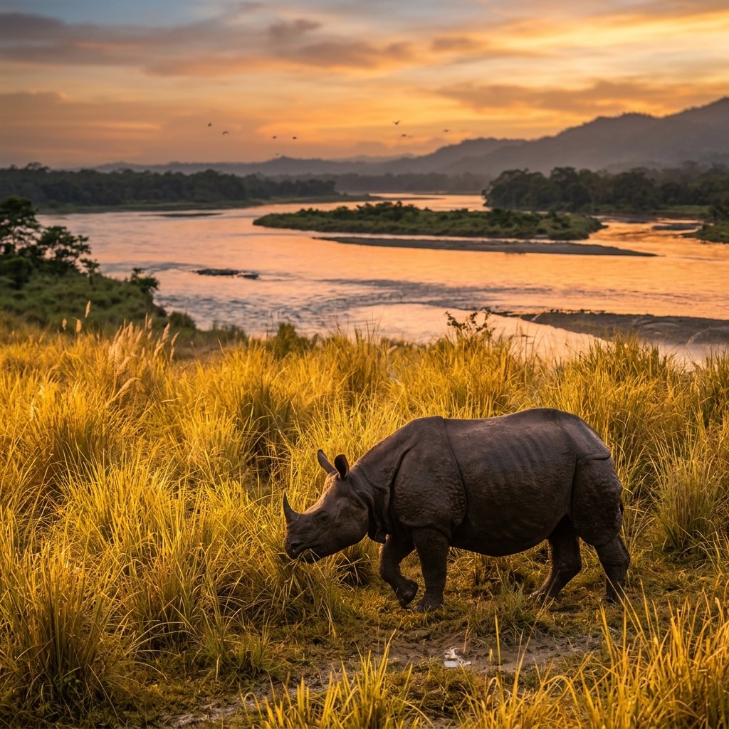 One-horned Rhinoceros grazing in the golden elephant grass of Kaziranga, Assam at sunset