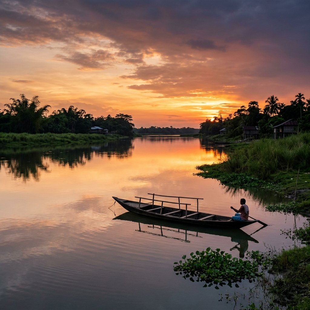 Scenic sunset over the Brahmaputra river banks at Majuli Island, Assam
