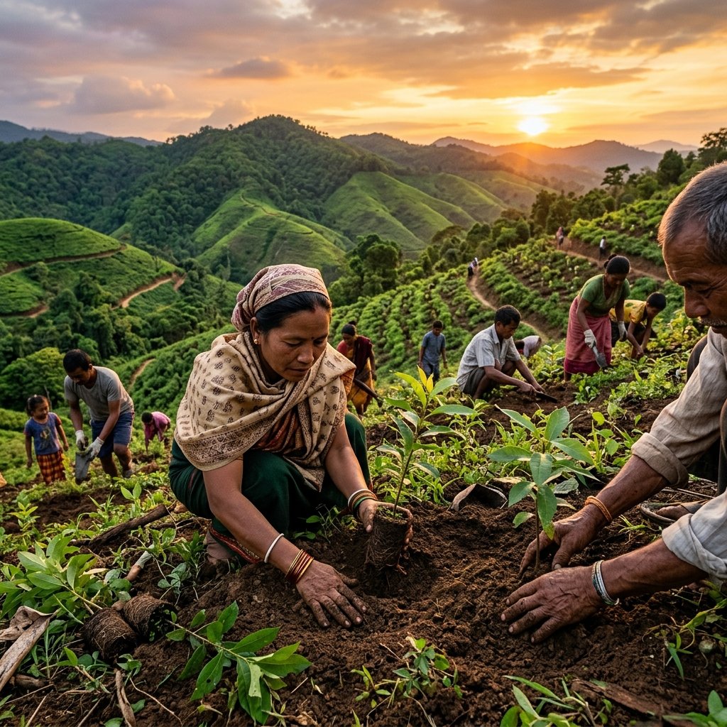 Young trees planted in a reforestation project in Northeast India at sunset